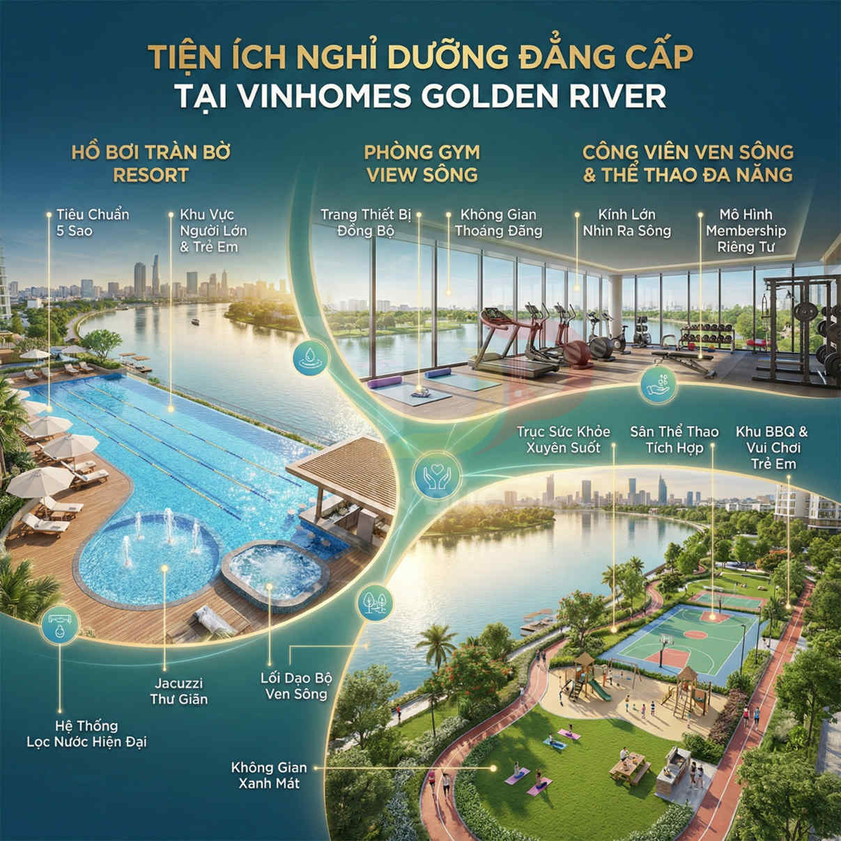Tiện ích nghỉ dưỡng cao cấp tại Vinhomes Golden River với hồ bơi tràn, phòng gym view sông và công viên thể thao ven sông