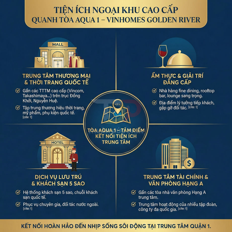 Tiện ích ngoại khu cao cấp quanh tòa Aqua 1 Vinhomes Golden River với TTTM, khách sạn 5 sao, ẩm thực và văn phòng hạng A