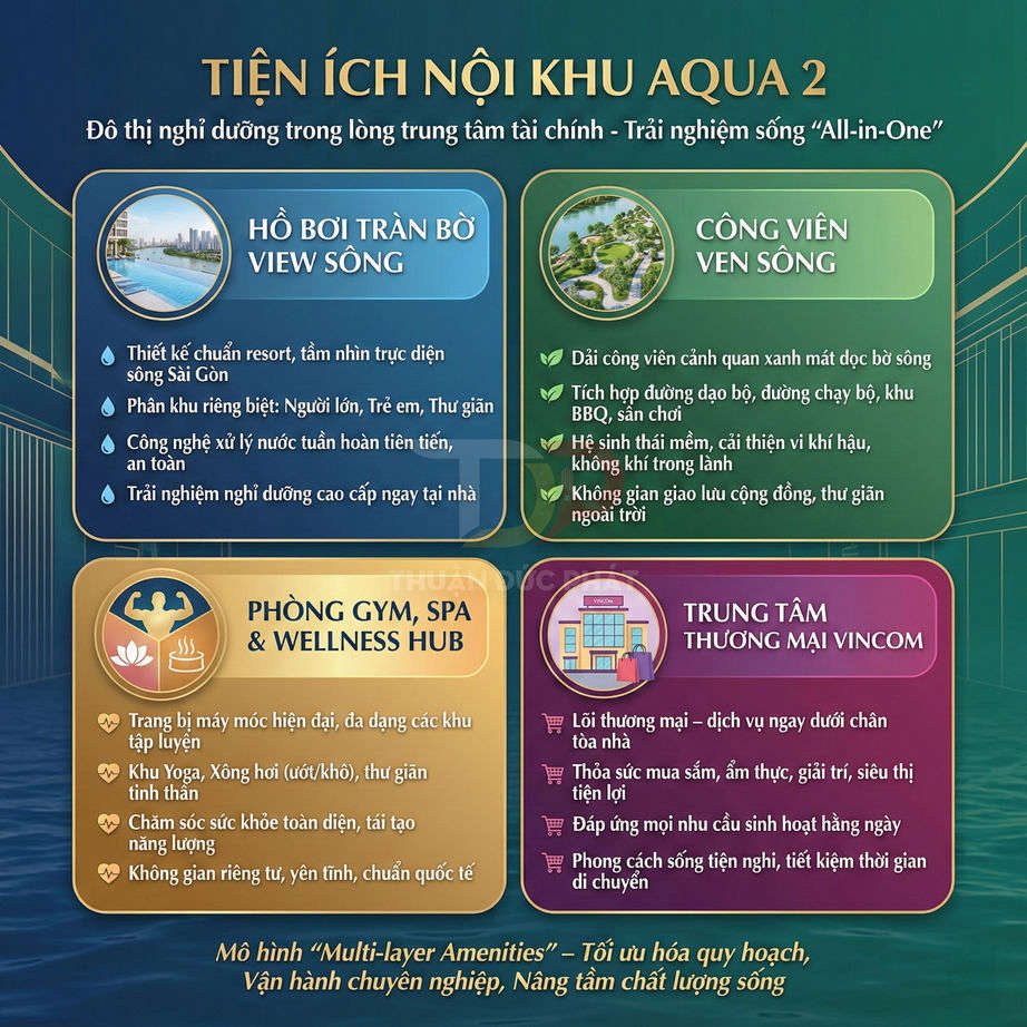 Tiện ích nội khu Aqua 2 với hồ bơi tràn bờ, công viên ven sông, phòng gym spa và trung tâm thương mại Vincom
