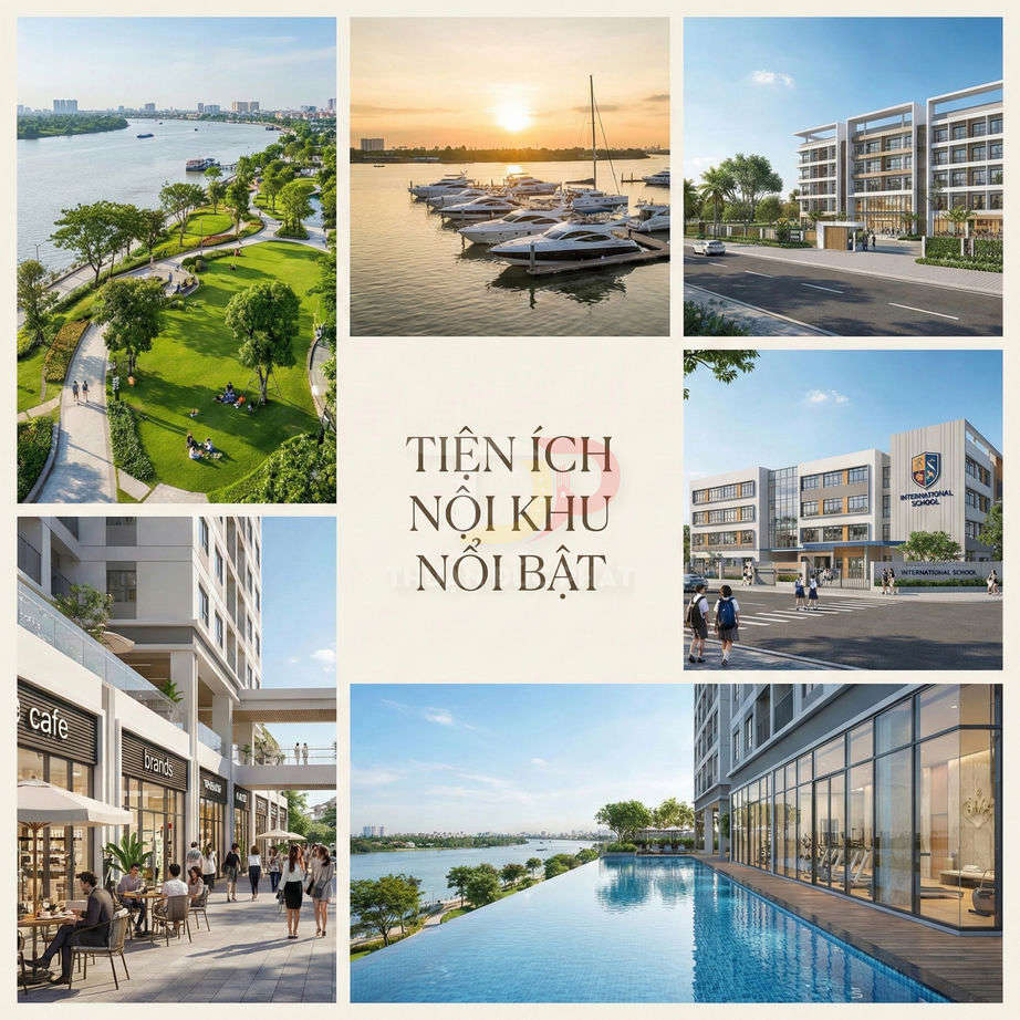 Tiện ích nội khu dự án căn hộ cao cấp ven sông với bến du thuyền, hồ bơi, công viên, trường học và khu phố thương mại