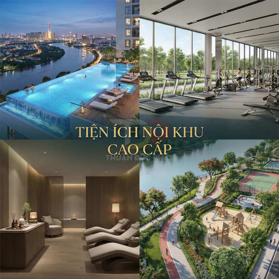 Tiện ích nội khu cao cấp với hồ bơi vô cực, phòng gym, spa thư giãn và công viên ven sông có sân chơi, sân thể thao