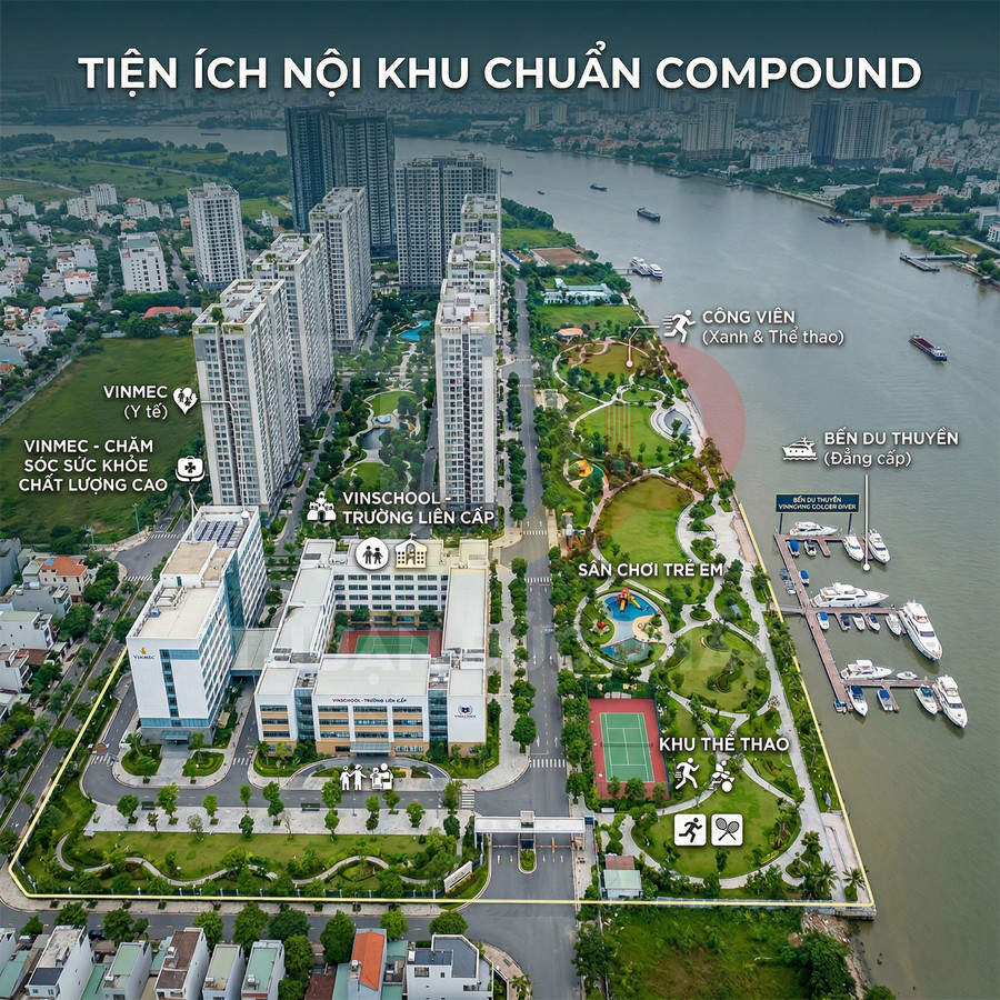 Khu căn hộ cao cấp ven sông với bệnh viện Vinmec, trường Vinschool, công viên, sân chơi, khu thể thao và bến du thuyền