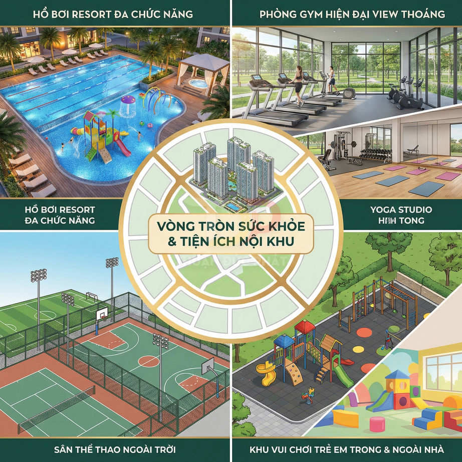 Tiện ích nội khu dự án chung cư với hồ bơi resort, phòng gym, yoga, sân thể thao và khu vui chơi trẻ em