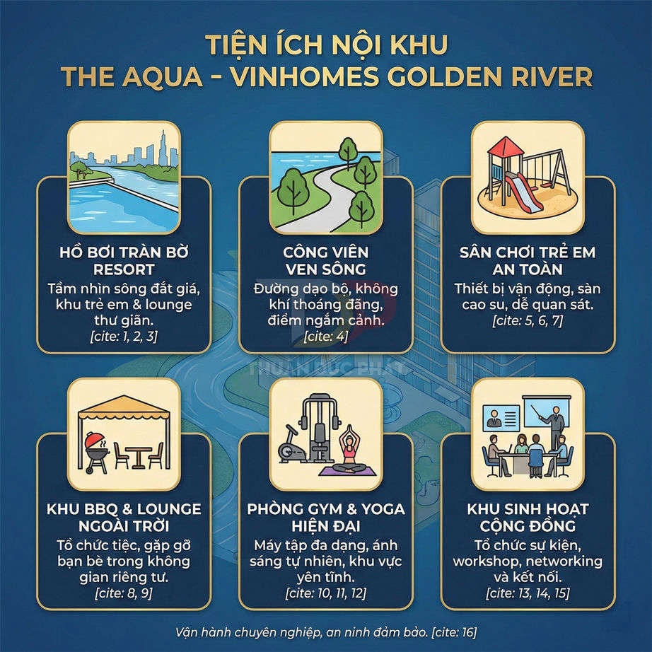 Tiện ích nội khu The Aqua Vinhomes Golden River với hồ bơi, công viên, sân chơi, BBQ, gym yoga và khu sinh hoạt cộng đồng