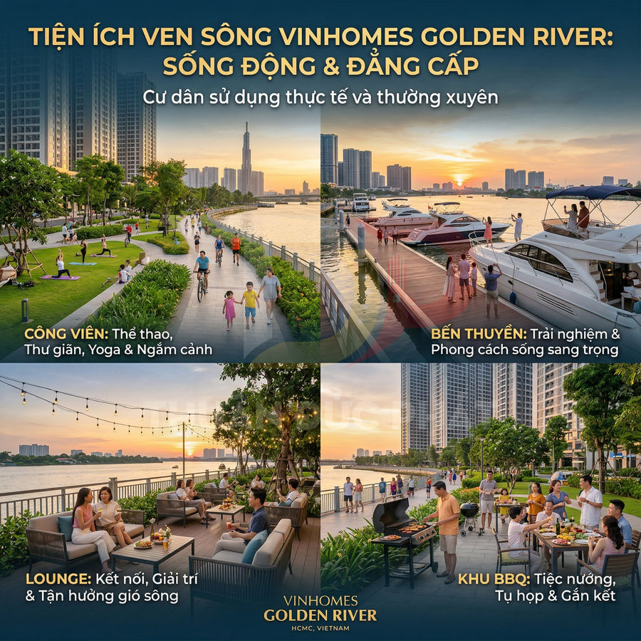 Tiện ích ven sông Vinhomes Golden River với công viên, bến thuyền, lounge và khu BBQ sang trọng bên sông