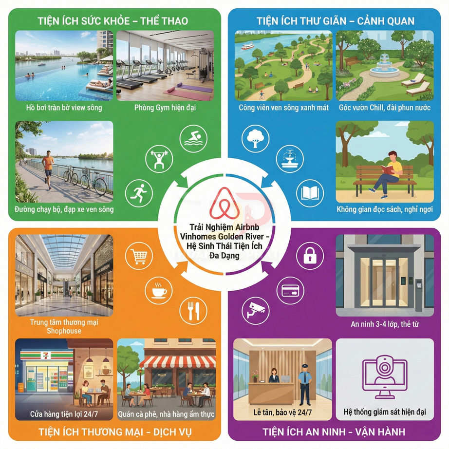 Tiện ích Vinhomes Golden River với hồ bơi, phòng gym, công viên, trung tâm thương mại và an ninh 24/7