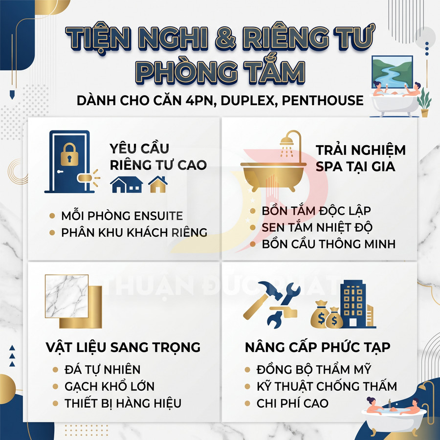 Tiện nghi phòng tắm cao cấp cho căn hộ 4PN duplex penthouse với vật liệu sang trọng và thiết bị hiện đại