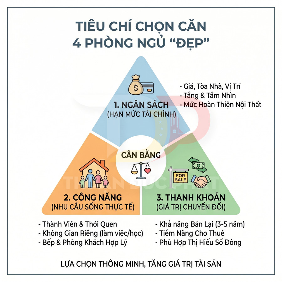 Tiêu chí chọn căn hộ 4 phòng ngủ đẹp với ba yếu tố ngân sách, công năng và thanh khoản cân bằng