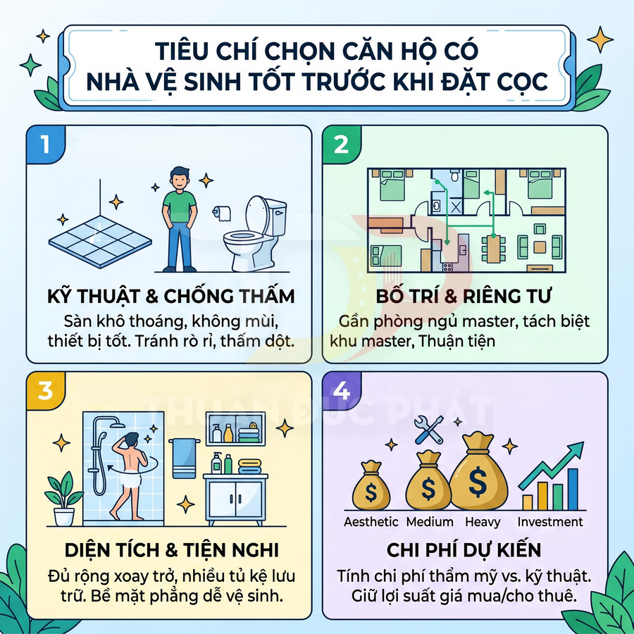 Infographic tiêu chí chọn căn hộ có nhà vệ sinh tốt về kỹ thuật chống thấm, bố trí riêng tư, diện tích tiện nghi và chi phí dự kiến