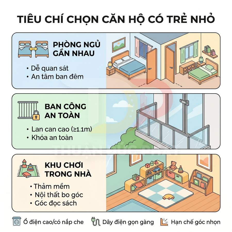 Tiêu chí chọn căn hộ an toàn cho gia đình có trẻ nhỏ với phòng ngủ gần nhau, ban công an toàn và khu vui chơi trong nhà