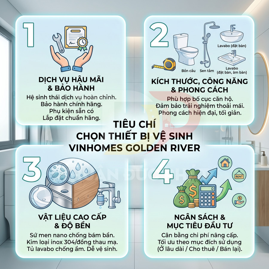 Tiêu chí chọn thiết bị vệ sinh cao cấp cho căn hộ Vinhomes Golden River, nhấn mạnh chất lượng và độ bền