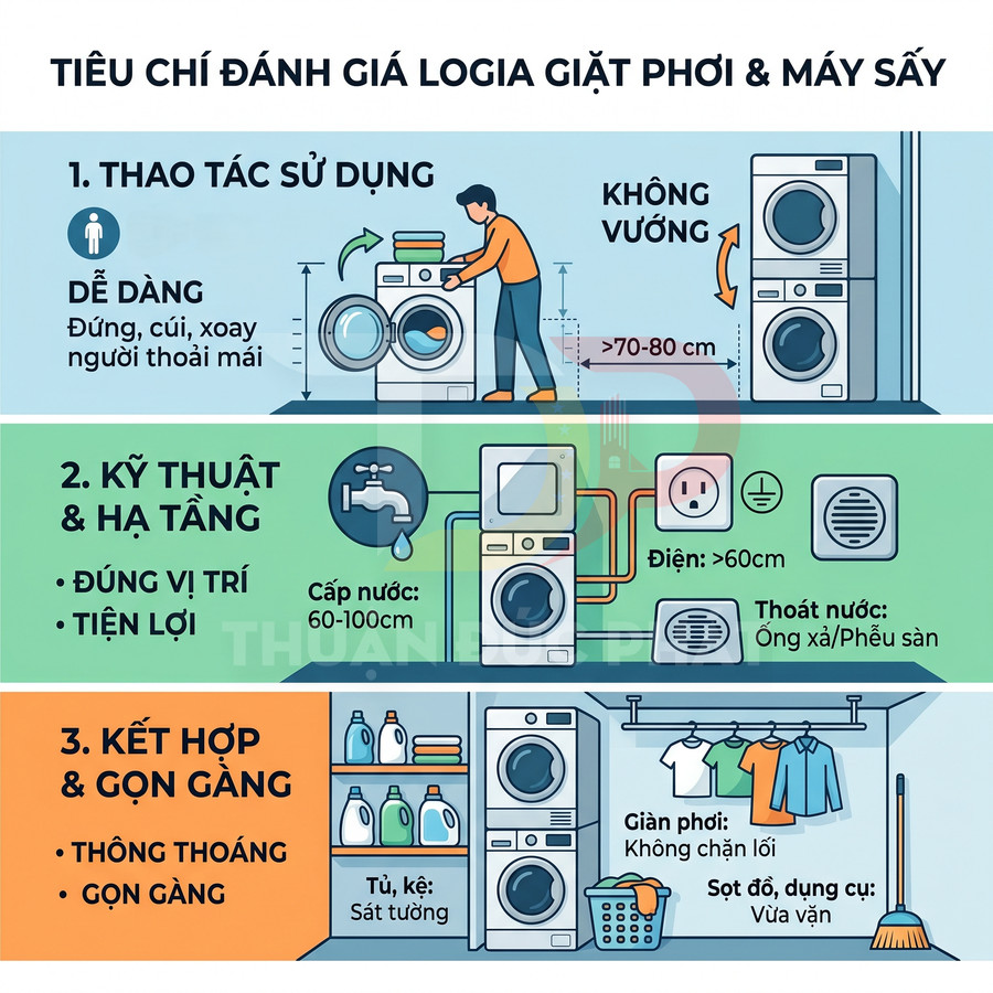 Infographic tiêu chí bố trí logia với máy giặt và máy sấy, hướng dẫn khoảng cách, cấp nước, điện và sắp xếp gọn gàng
