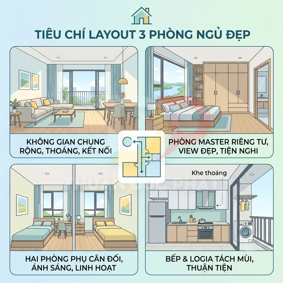 Minh họa tiêu chí thiết kế căn hộ 3 phòng ngủ đẹp với phòng khách, phòng ngủ, bếp và logia tiện nghi