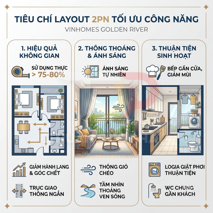 Infographic tiêu chí layout căn hộ 2 phòng ngủ tối ưu công năng tại Vinhomes Golden River