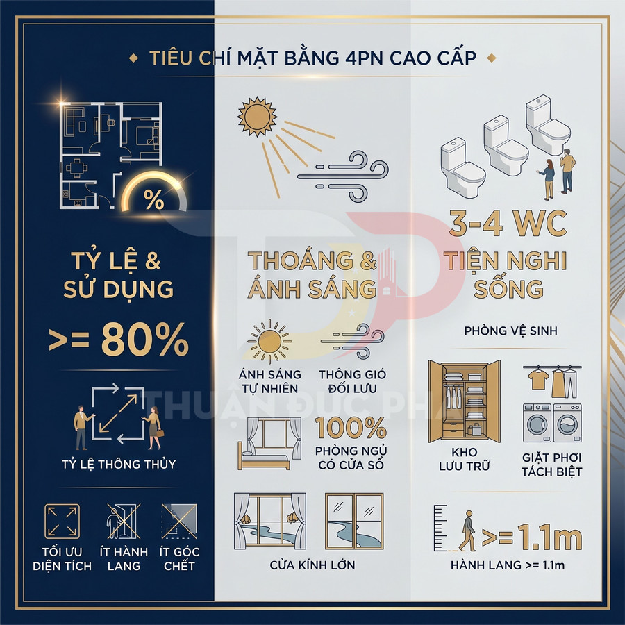 Infographic tiêu chí mặt bằng căn hộ 4 phòng ngủ cao cấp với tỷ lệ sử dụng, ánh sáng, thông gió và tiện nghi sống