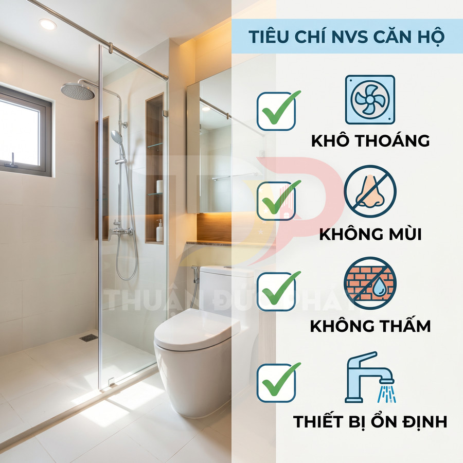Nhà vệ sinh căn hộ hiện đại khô thoáng không mùi không thấm với thiết bị vệ sinh ổn định