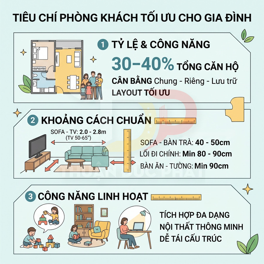 Infographic tiêu chí thiết kế phòng khách tối ưu cho gia đình với bố cục, khoảng cách và công năng nội thất linh hoạt