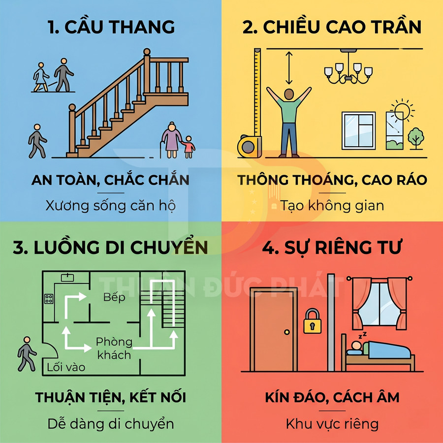 Infographic 4 tiêu chí thiết kế căn hộ: cầu thang, chiều cao trần, luồng di chuyển, sự riêng tư