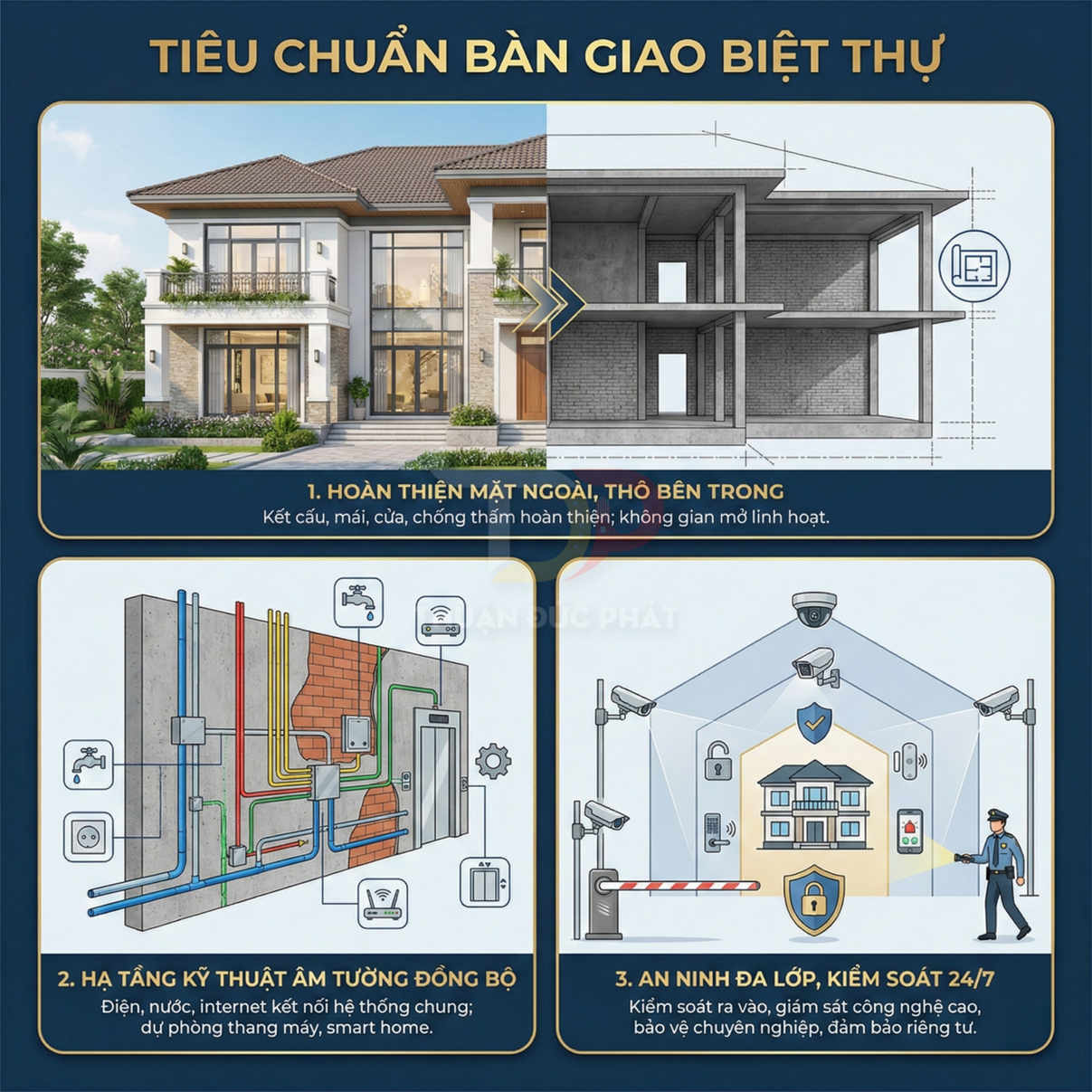 Tiêu chuẩn bàn giao biệt thự với mặt ngoài hoàn thiện, hạ tầng âm tường đồng bộ và hệ thống an ninh đa lớp 24/7