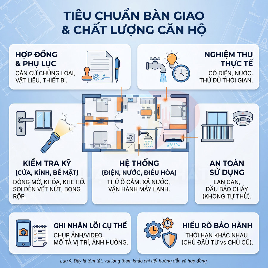 Tiêu chuẩn bàn giao căn hộ gồm kiểm tra hợp đồng, hệ thống điện nước, cửa kính, an toàn, ghi nhận lỗi và bảo hành