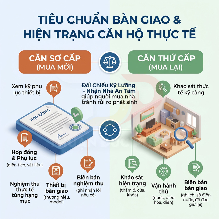 Tiêu chuẩn bàn giao căn hộ sơ cấp và căn hộ thứ cấp với các hạng mục kiểm tra, nghiệm thu thực tế