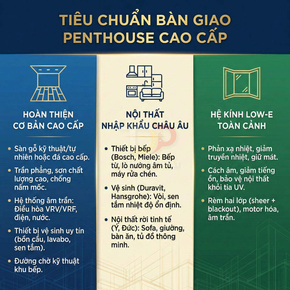 Tiêu chuẩn bàn giao penthouse cao cấp với hoàn thiện cơ bản, nội thất nhập khẩu châu Âu và hệ kính Low E toàn cảnh