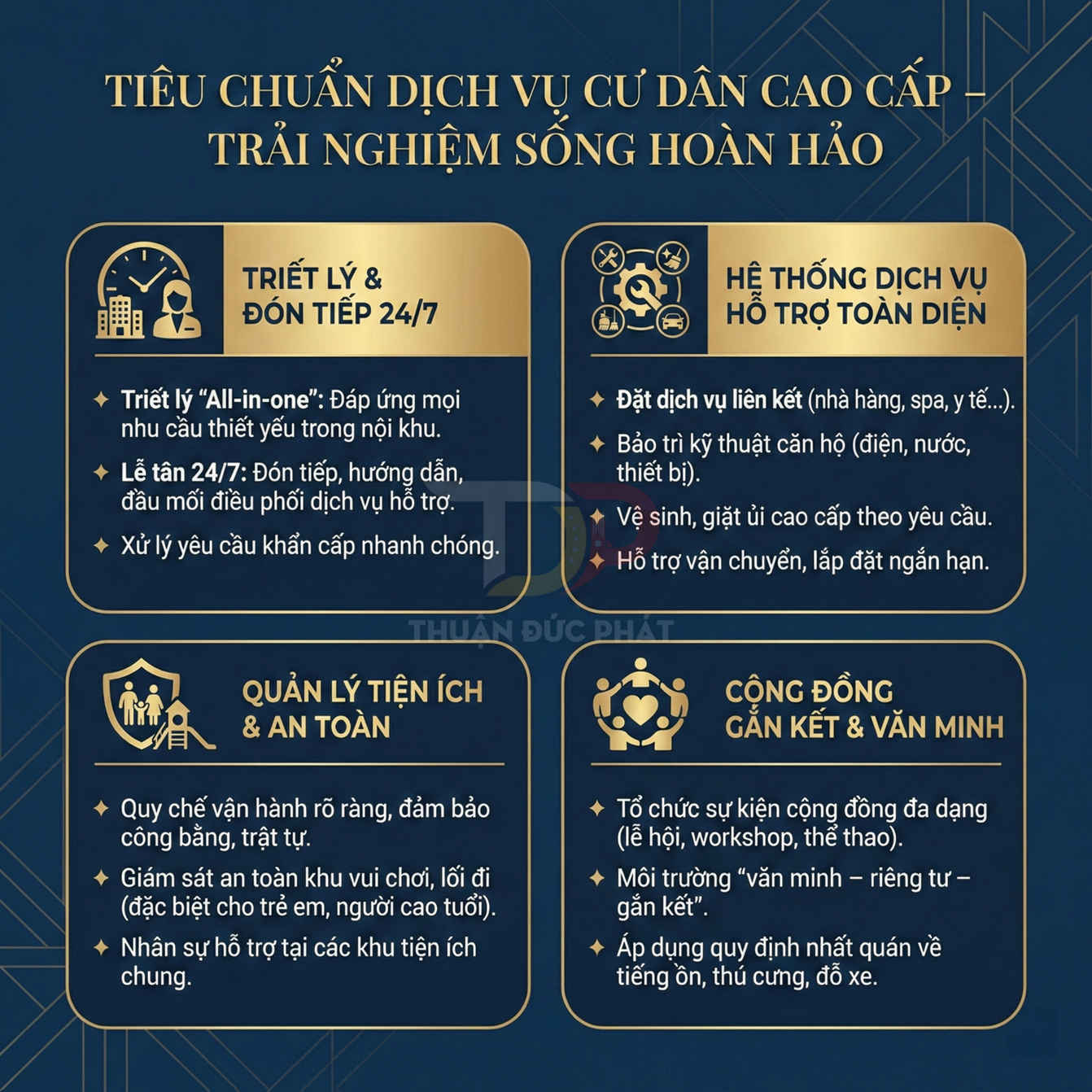 Tiêu chuẩn dịch vụ cư dân cao cấp của Thuận Đức Phát với triết lý all in one và tiện ích an toàn, gắn kết cộng đồng