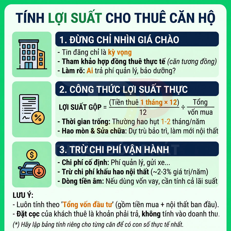 Nội dung hướng dẫn tính lợi suất cho thuê căn hộ, gồm giá thuê thực tế, công thức lợi suất và chi phí vận hành