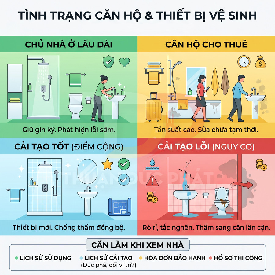 Minh họa so sánh tình trạng căn hộ và thiết bị vệ sinh, nhấn mạnh sửa chữa cải tạo tốt và cải tạo lỗi