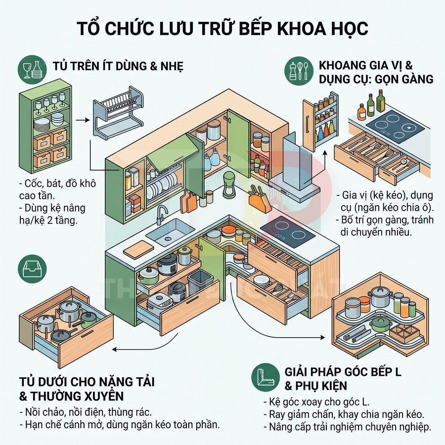 Sơ đồ tổ chức lưu trữ bếp khoa học với tủ trên, tủ dưới, khoang gia vị và giải pháp góc bếp L