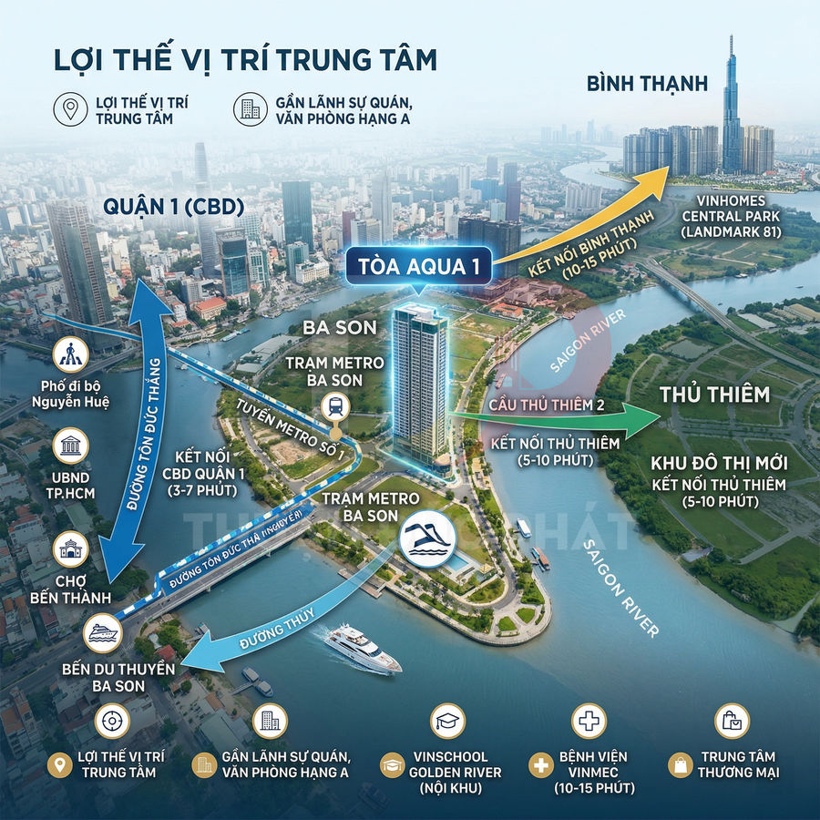 Vị trí trung tâm tòa căn hộ Aqua 1 Ba Son bên sông Sài Gòn, kết nối Quận 1, Thủ Thiêm và Bình Thạnh