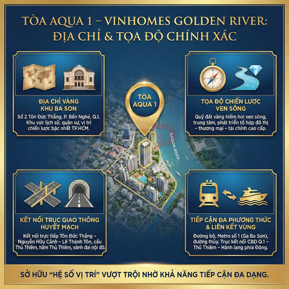Tòa Aqua 1 Vinhomes Golden River với vị trí vàng khu Ba Son ven sông Sài Gòn tại trung tâm Quận 1