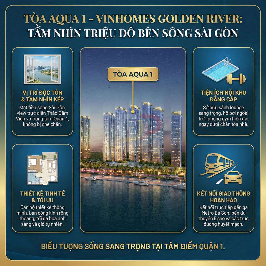 Tòa Aqua 1 Vinhomes Golden River bên sông Sài Gòn với tiện ích nội khu cao cấp và kết nối giao thông thuận tiện