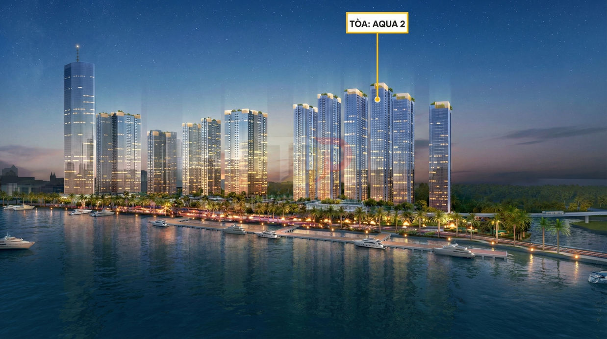 Phối cảnh căn hộ cao cấp tòa Aqua 2 bên sông với bến du thuyền và hàng loạt tòa nhà sáng đèn ban đêm