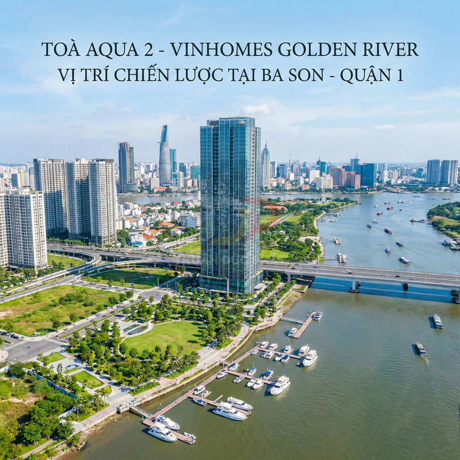 Tòa Aqua 2 Vinhomes Golden River bên sông Sài Gòn với bến du thuyền và công viên xanh Quận 1