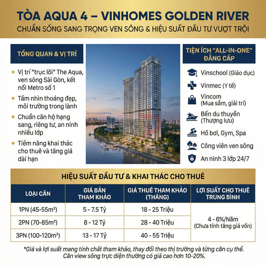 Tổng quan dự án căn hộ cao cấp Tòa Aqua 4 Vinhomes Golden River ven sông Sài Gòn, tiện ích all in one và bảng giá đầu tư