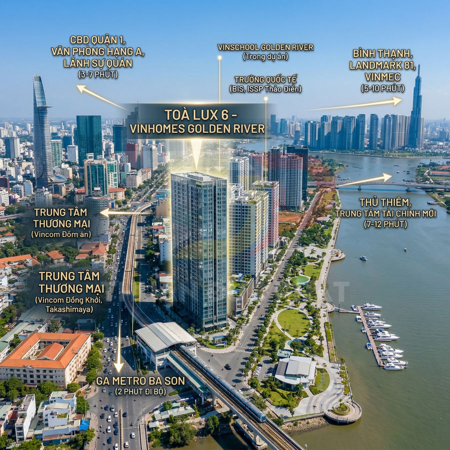 Tòa nhà Lux 6 Vinhomes Golden River bên sông Sài Gòn, gần ga metro Ba Son và trung tâm thương mại