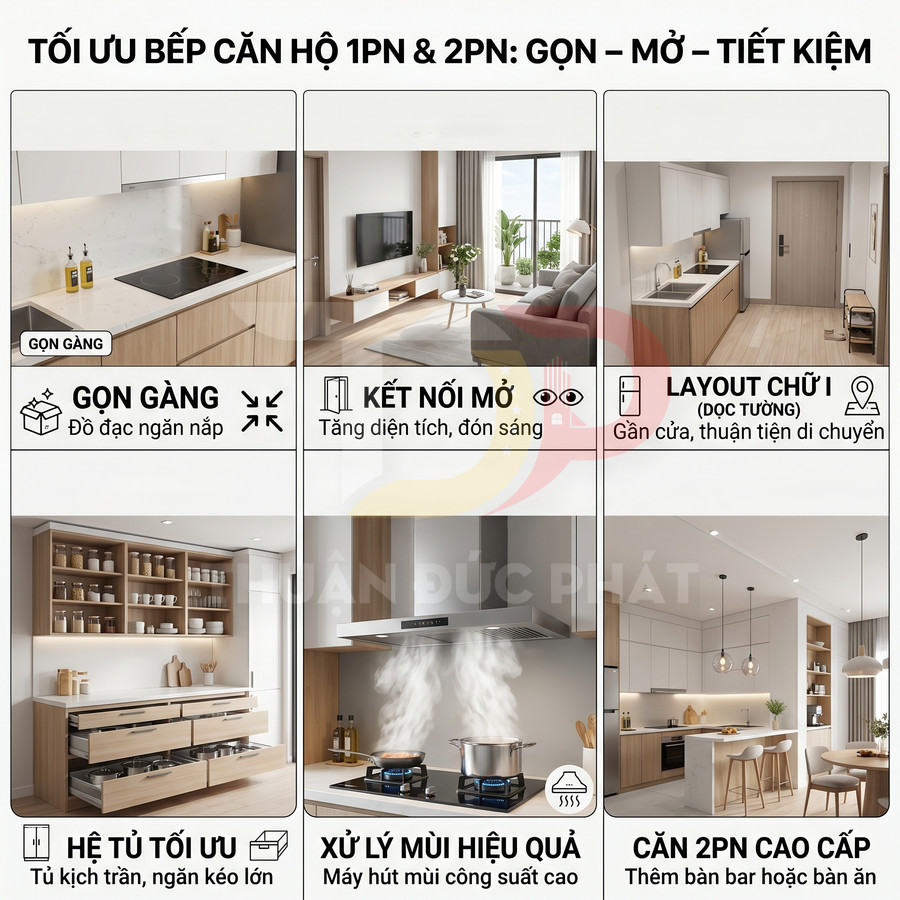 Thiết kế bếp căn hộ hiện đại với tủ gỗ tối ưu, bếp từ, máy hút mùi và không gian mở nối liền phòng khách