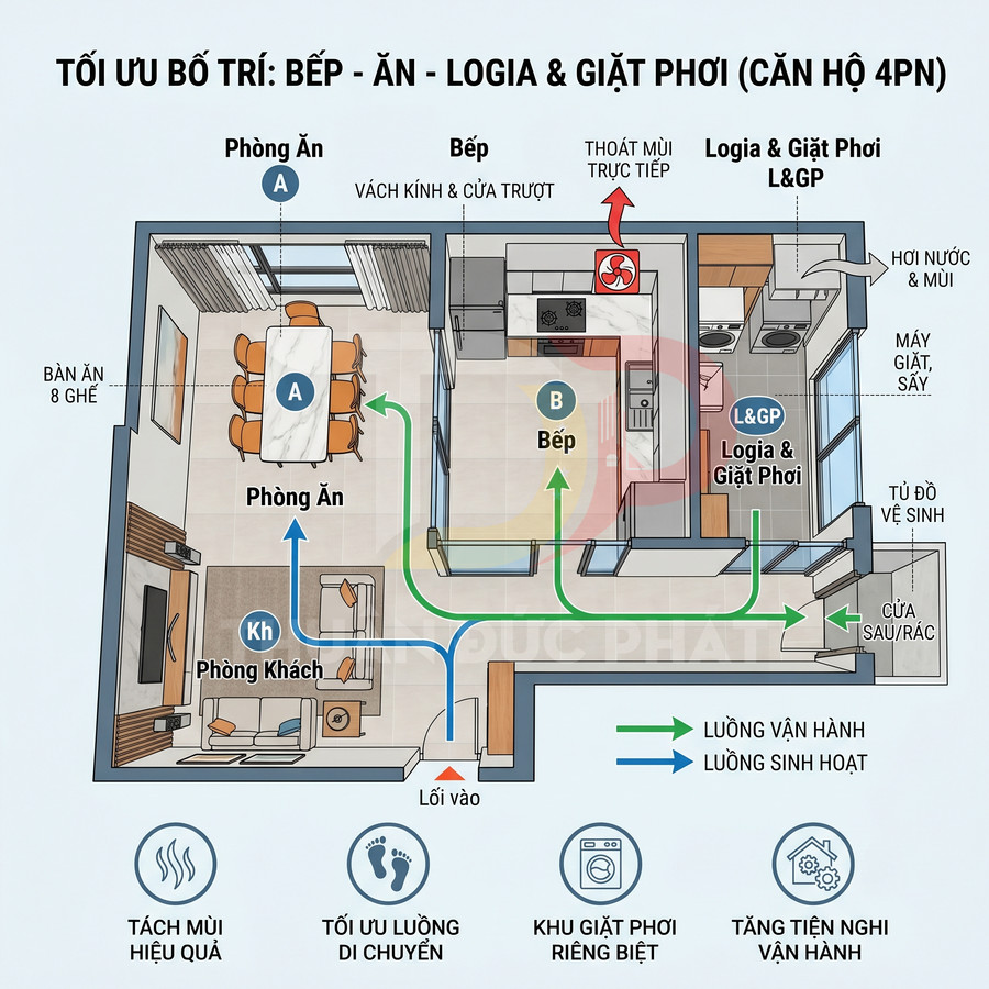 Mặt bằng tối ưu bố trí bếp, phòng ăn, logia và khu giặt phơi riêng biệt cho căn hộ 4 phòng ngủ