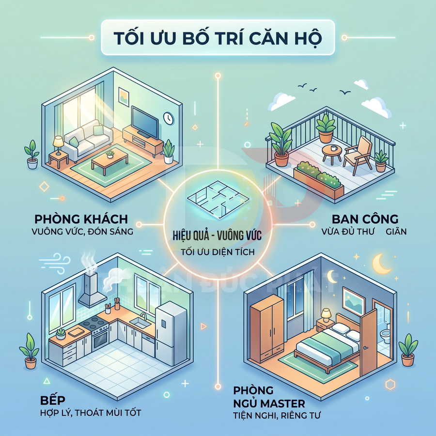 Minh họa bố trí căn hộ tối ưu với phòng khách, bếp, phòng ngủ master và ban công vuông vức, tận dụng diện tích