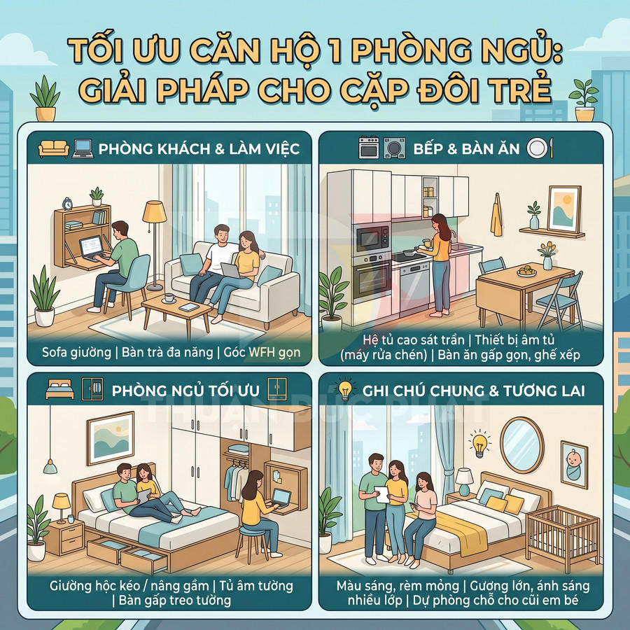 Thiết kế căn hộ 1 phòng ngủ tối ưu cho cặp đôi trẻ với phòng khách, bếp, phòng ngủ và góc làm việc gọn gàng