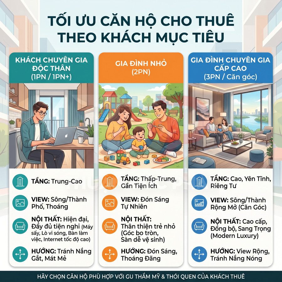 Infographic tối ưu căn hộ cho thuê theo khách mục tiêu: chuyên gia độc thân, gia đình nhỏ và gia đình chuyên gia cao cấp