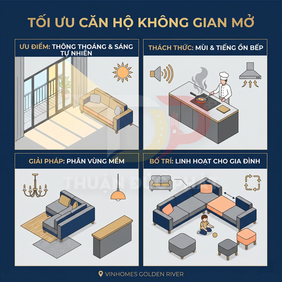 Infographic tối ưu căn hộ không gian mở với sofa, bếp mở, phân vùng mềm và bố trí linh hoạt cho gia đình