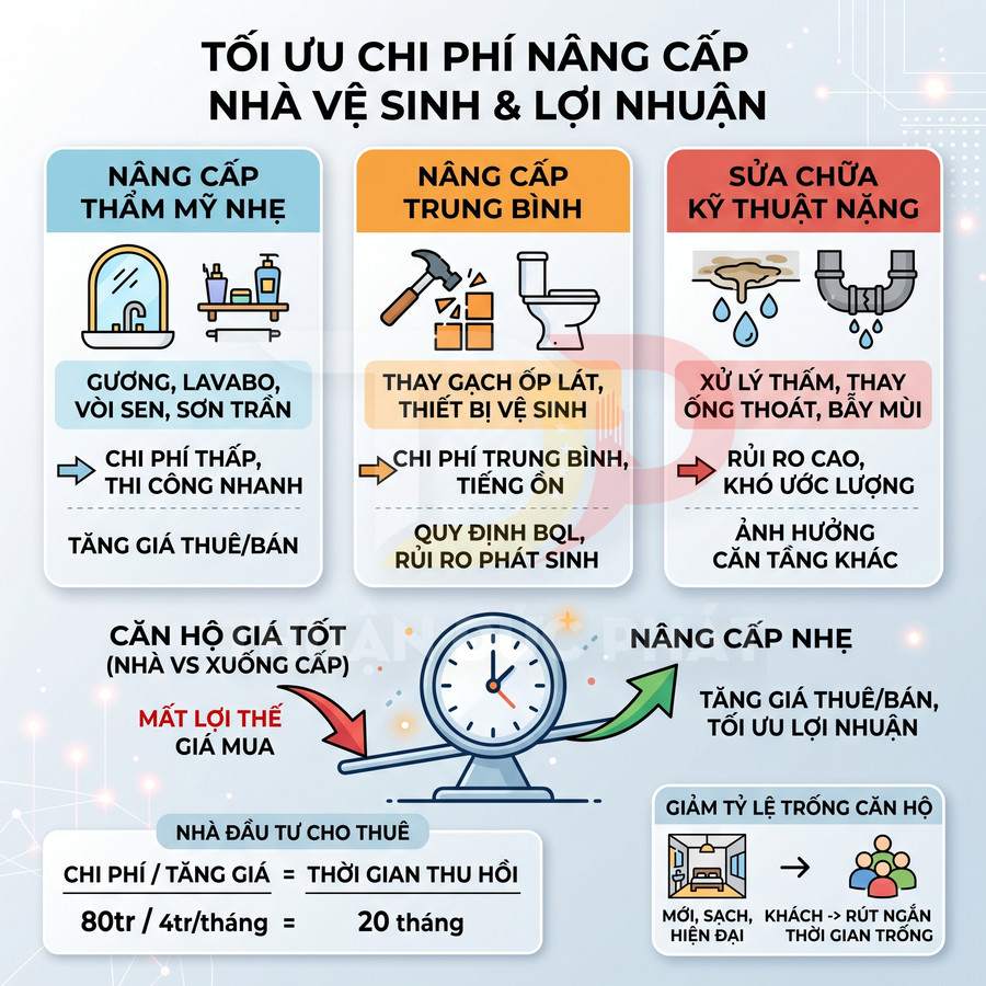 Infographic tối ưu chi phí nâng cấp nhà vệ sinh, so sánh nâng cấp nhẹ, trung bình và sửa chữa kỹ thuật nặng
