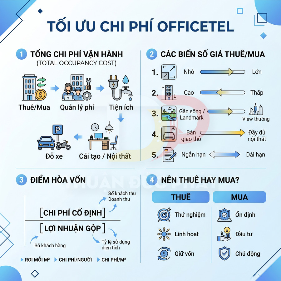Infographic tối ưu chi phí officetel với các yếu tố chi phí vận hành, biến số giá thuê mua và so sánh nên thuê hay mua