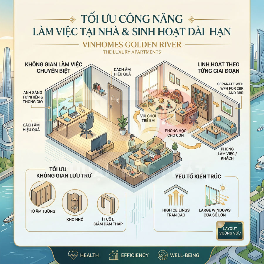 Infographic căn hộ Vinhomes Golden River tối ưu không gian làm việc tại nhà và sinh hoạt dài hạn