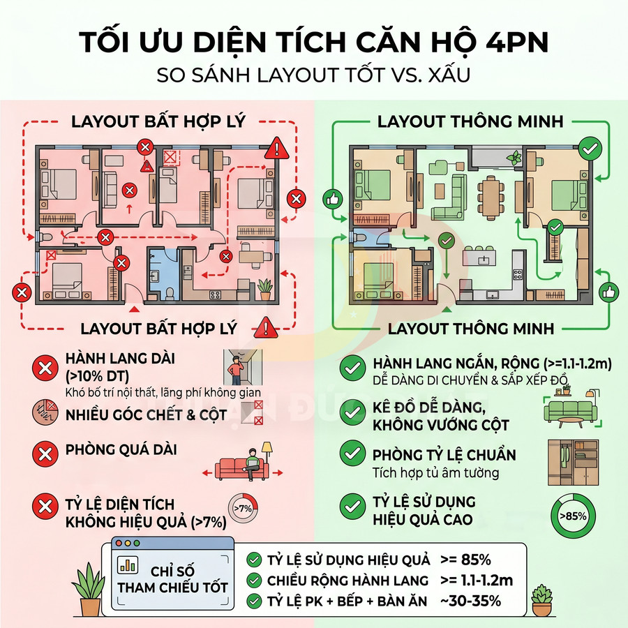 So sánh layout căn hộ 4 phòng ngủ bất hợp lý và layout thông minh tối ưu diện tích sử dụng