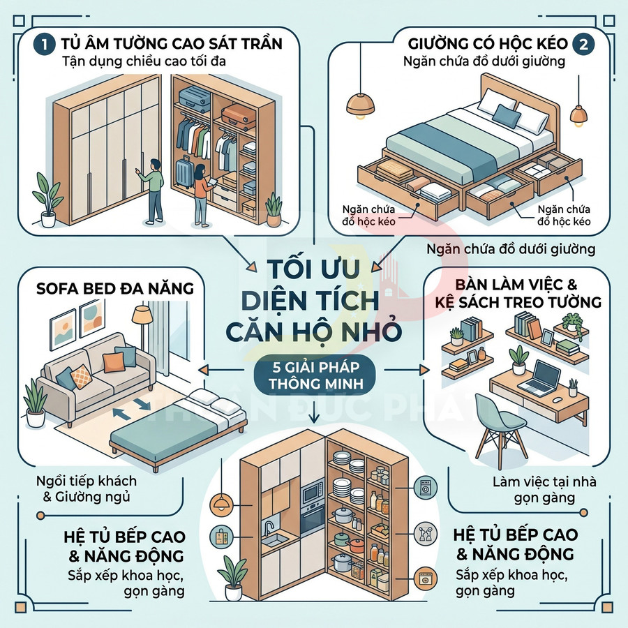 Minh họa 5 giải pháp nội thất thông minh tối ưu diện tích căn hộ nhỏ với tủ, giường, sofa bed và bếp đa năng