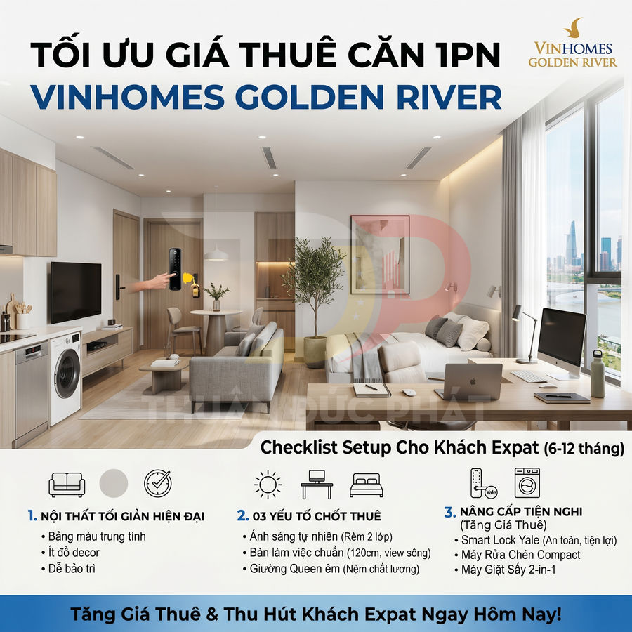 Căn hộ 1 phòng ngủ Vinhomes Golden River nội thất hiện đại tối giản, đầy đủ tiện nghi cho khách thuê expat