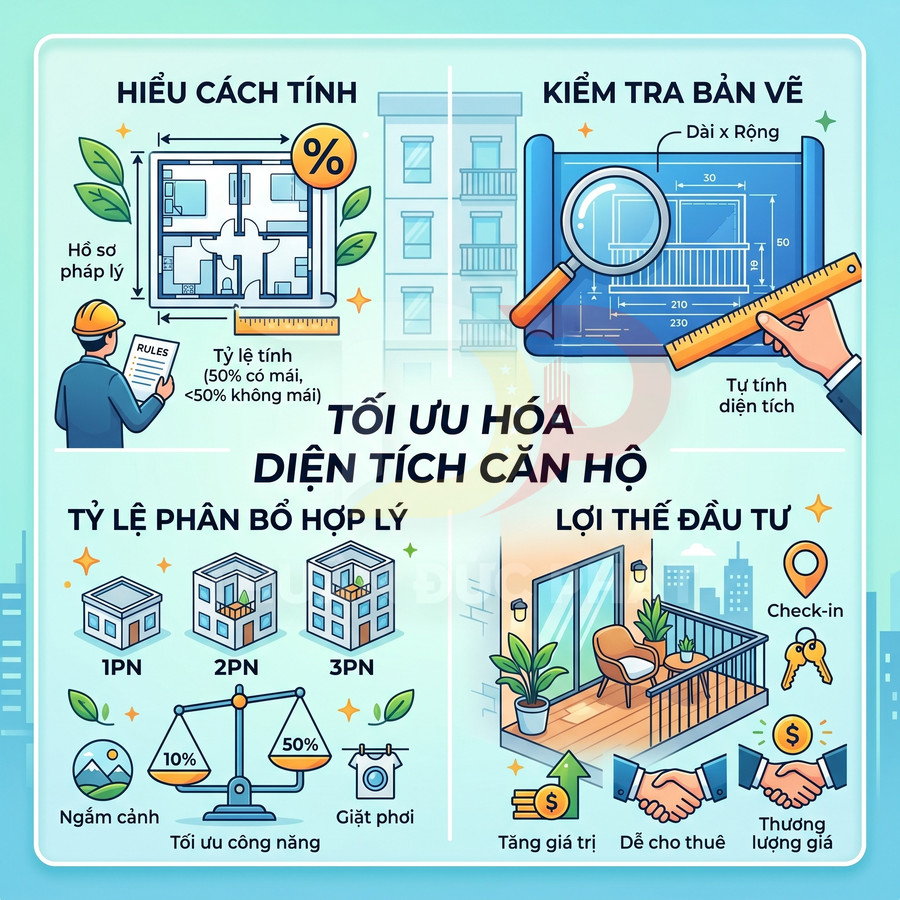 Infographic tối ưu hóa diện tích căn hộ với bản vẽ, tỷ lệ phân bổ 1PN 2PN 3PN và lợi thế đầu tư ban công